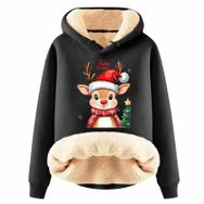 Generisch Zarif A Noel Kapüşonlu Tarzı Boş Zaman Polar Model Noel Baskılı Kış Uzun Kollu Gündelik Siyah Kadın Sweatshirt