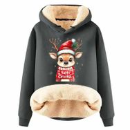 Generisch Zarif B Noel Kapüşonlu Tarzı Boş Zaman Polar Model Noel Baskılı Kış Uzun Kollu Gündelik Gri Kadın Sweatshirt