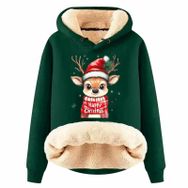 Generisch Zarif B Noel Kapüşonlu Tarzı Boş Zaman Polar Model Noel Baskılı Kış Uzun Kollu Gündelik Koyu Yeşil Kadın Sweatshirt