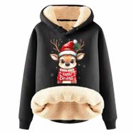 Generisch Zarif B Noel Kapüşonlu Tarzı Boş Zaman Polar Model Noel Baskılı Kış Uzun Kollu Gündelik Siyah Kadın Sweatshirt