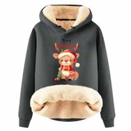 Generisch Zarif C Noel Kapüşonlu Tarzı Boş Zaman Polar Model Noel Baskılı Kış Uzun Kollu Gündelik Gri Kadın Sweatshirt