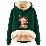 Generisch Zarif C Noel Kapüşonlu Tarzı Boş Zaman Polar Model Noel Baskılı Kış Uzun Kollu Gündelik Koyu Yeşil Kadın Sweatshirt