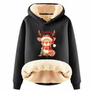 Generisch Zarif C Noel Kapüşonlu Tarzı Boş Zaman Polar Model Noel Baskılı Kış Uzun Kollu Gündelik Siyah Kadın Sweatshirt