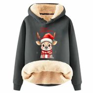 Generisch Zarif D Noel Kapüşonlu Tarzı Boş Zaman Polar Model Noel Baskılı Kış Uzun Kollu Gündelik Gri Kadın Sweatshirt