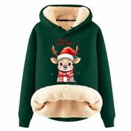 Generisch Zarif D Noel Kapüşonlu Tarzı Boş Zaman Polar Model Noel Baskılı Kış Uzun Kollu Gündelik Koyu Yeşil Kadın Sweatshirt