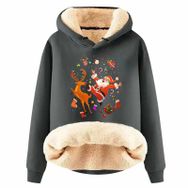 Generisch Zarif E Noel Kapüşonlu Tarzı Boş Zaman Polar Model Noel Baskılı Kış Uzun Kollu Gündelik Gri Kadın Sweatshirt
