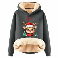 Generisch Zarif F Noel Kapüşonlu Tarzı Boş Zaman Polar Model Noel Baskılı Kış Uzun Kollu Gündelik Gri Kadın Sweatshirt