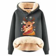 Generisch Zarif G Noel Kapüşonlu Tarzı Boş Zaman Polar Model Noel Baskılı Kış Uzun Kollu Gündelik Gri Kadın Sweatshirt