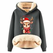 Generisch Zarif H Noel Kapüşonlu Tarzı Boş Zaman Polar Model Noel Baskılı Kış Uzun Kollu Gündelik Gri Kadın Sweatshirt