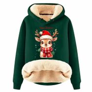 Generisch Zarif H Noel Kapüşonlu Tarzı Boş Zaman Polar Model Noel Baskılı Kış Uzun Kollu Gündelik Koyu Yeşil Kadın Sweatshirt
