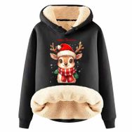 Generisch Zarif H Noel Kapüşonlu Tarzı Boş Zaman Polar Model Noel Baskılı Kış Uzun Kollu Gündelik Siyah Kadın Sweatshirt