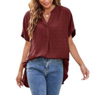 Gibz Babydoll Wine Red V Yaka Kısa Kollu Bol Kesim Kadın T-shirt