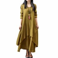 Gibz Vintage Yellow V Yaka Uzun Kollu Çift Katmanlı Kadın Keten Elbise