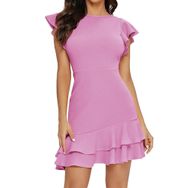 Gibz Wrap Swing Flowy Pembe Fırfırlı Yazlık Mini Kadın Elbise