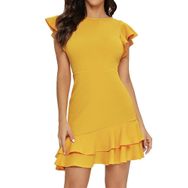 Gibz Wrap Swing Flowy Sarı Fırfırlı Yazlık Mini Kadın Elbise