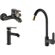 GMS Zirve Siyah Altın Banyo Eviye Lavabo Batarya Seti