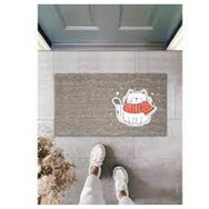 Gökyaprak K-2059 Dijital Baskı Gri Kırmızı Atkılı Beyaz Kedi Dekoratif Kapı Paspası