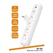 Goldmaster SP-517 Beşli USB Type C Çocuk Korumalı Grup Priz Uzatma Kablosu