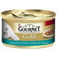 Gourmet Gold Parça Etli ve Soslu Somonlu Tavuklu 12x85 gr Kedi Konserve