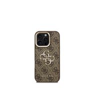 Guess iPhone 16 Pro Max Deri 4G Metal Logo Standlı Kahverengi Telefon Kılıfı