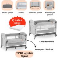 Gulz Omega 70x110 cm Dark Grey Anne Yanı Sallanır Cibinlikli Yataklı Oyun Parkı Bebek Beşik