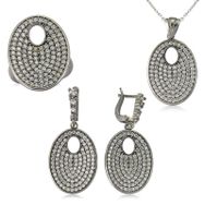 Gumush Beyaz Taşlı Oval Kadın Gümüş Set