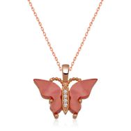 Gumush T5916 Gümüş Rose Pembe Kaplangözü Taşlı Kelebek Kolye