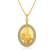 Gumush T6110 Gold Tuğralı Oval Bayan Gümüş Kolye