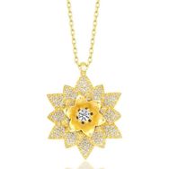 Gumush T7537 Gold Beyaz Taşlı Lotus Çiçeği Kadın Gümüş Kolye