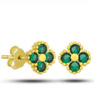 Gumush T7624 Gold Yonca Çivili Yeşil Taşlı Çocuk Gümüş Küpe