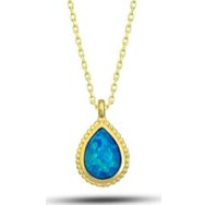 Gumush T7733 Gümüş Gold Damla Mavi Opal Taşlı Kadın Kolye