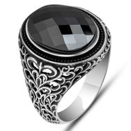 Gumush T7744 Siyah Zirkon Taşlı Oval Erkek Gümüş Yüzük