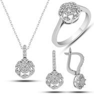 Gumush T7747 Beyaz Zirkon Taşlı Çiçek Kadın Gümüş Set