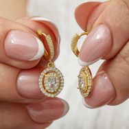 Gumush T8822 Gümüş Gold Oval Taşlı Sallantılı Küpe