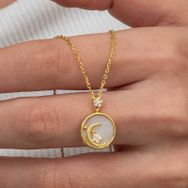 Gumush T8986 Gold Sedef Taşlı Ay Yıldız Hilal Kadın Gümüş Kolye