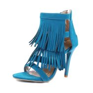 Gzhmman High Heels Burnu Açık Püsküllü Fermuarlı Blue Yüksek Topuklu Kadın Sandalet