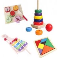 Hamaha Wooden Toys Ahşap Eğitici Geliştirici Geçmeli Kule+Meyve Kesme+Tangram+Selefon 4'Lü Set