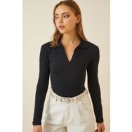 Happiness İst. GT00111 Kadın Siyah Polo Yaka Fitilli Örme Bluz