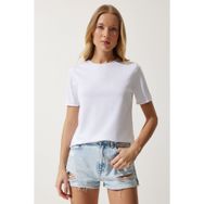 Happiness İst. Kadın Beyaz Bisiklet Yaka Basic Örme T-Shirt UB00229