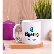 Hediye Dükkanı Biyolog Ahşap Altlıklı Kaşıklı Beyaz Kupa Bardak