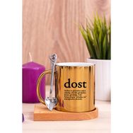 Hediye Dükkanı Dost Kelime Anlamı Ahşap Altlıklı Kaşıklı Gold Kupa Bardak