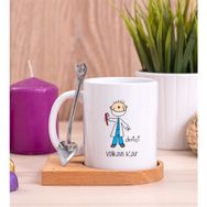 Hediye Dükkanı Erkek Diş Hekimi Karikatürü Ahşap Altlıklı Kaşıklı Beyaz Kupa Bardak