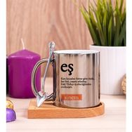 Hediye Dükkanı Eş Kelime Anlamı Ahşap Altlıklı Kaşıklı Silver Kupa Bardak