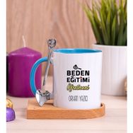 Hediye Dükkanı Kişiye Özel Beden Eğitimi Öğretmeni Ahşap Altlıklı Kaşıklı Mavi Kupa