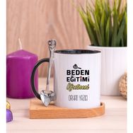 Hediye Dükkanı Kişiye Özel Beden Eğitimi Öğretmeni Ahşap Altlıklı Kaşıklı Siyah Kupa Bardak