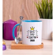 Hediye Dükkanı Kişiye Özel Best Dad Ahşap Altlıklı Kaşıklı Mavi Kupa