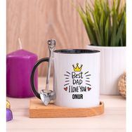 Hediye Dükkanı Kişiye Özel Best Dad Baskılı Ahşap Altlıklı Kaşıklı Siyah Kupa Bardak