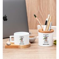 Hediye Dükkanı Kişiye Özel Biz Akıllanmayız Tasarım Esprili Ahşap Altlıklı Fincan ve Kalemlik