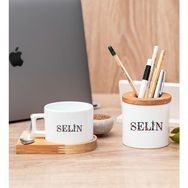 Hediye Dükkanı Kişiye Özel Çiçek Harf Tasarım Isim Yazılı Ahşap Altlıklı Fincan ve Kalemlik