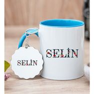Hediye Dükkanı Kişiye Özel Çiçek Harf Tasarım İsim Yazılı Mavi Kupa Bardak ve Anahtarlık